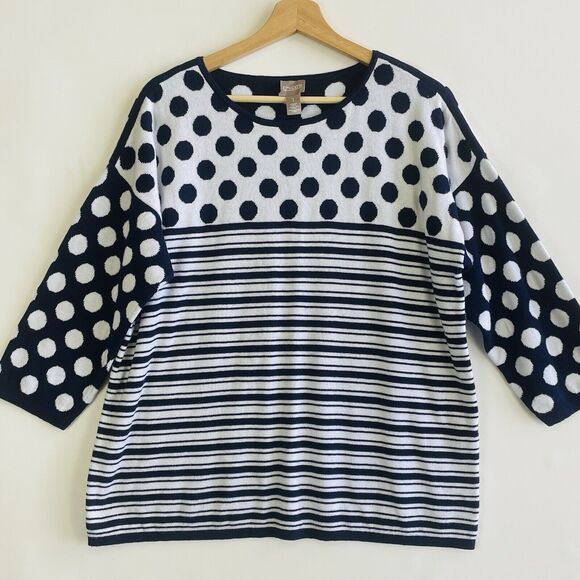 Chico's Navy Blue White Polka Dot Stripe 3/4 Sleeve Sweater Womens 1 Medium 8 - Picture 1 of 7